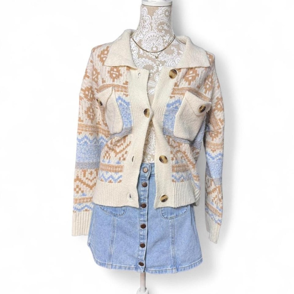 Vintage Inspired Cozy Knit Button Up Cardigan Sweater Boho Cottagecore Y2K Aztec - Picture 2 of 8